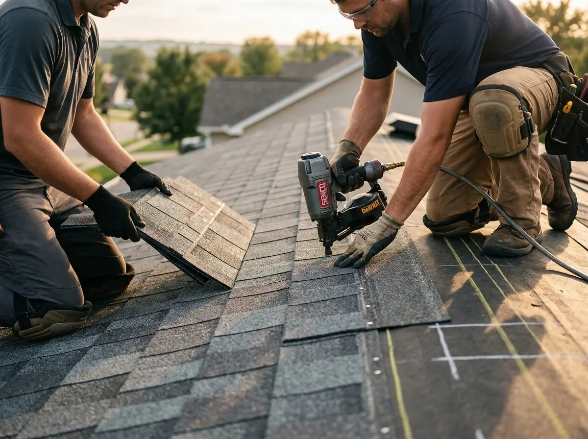Professional roofer working on a residential roof in Centennial